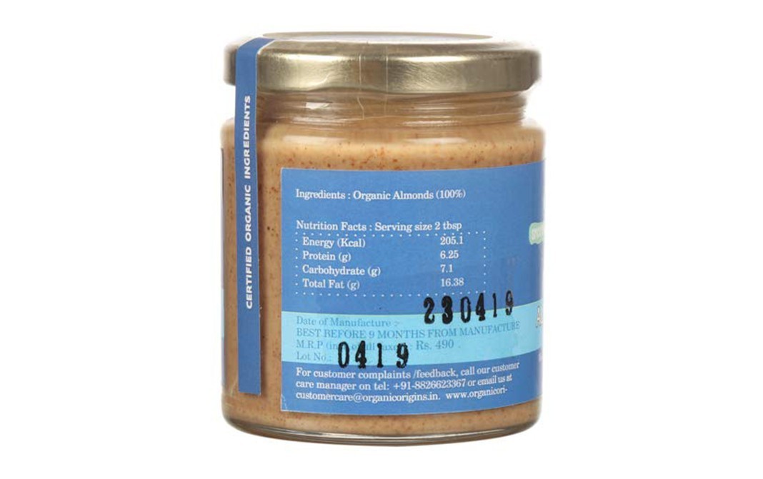 Organic Origins Organic Almond Butter Unsweetened   Glass Jar  200 grams